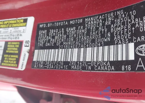 2010 Toyota Corolla Le from USA, damaged, VIN 2T1BU4EE7AC400041
